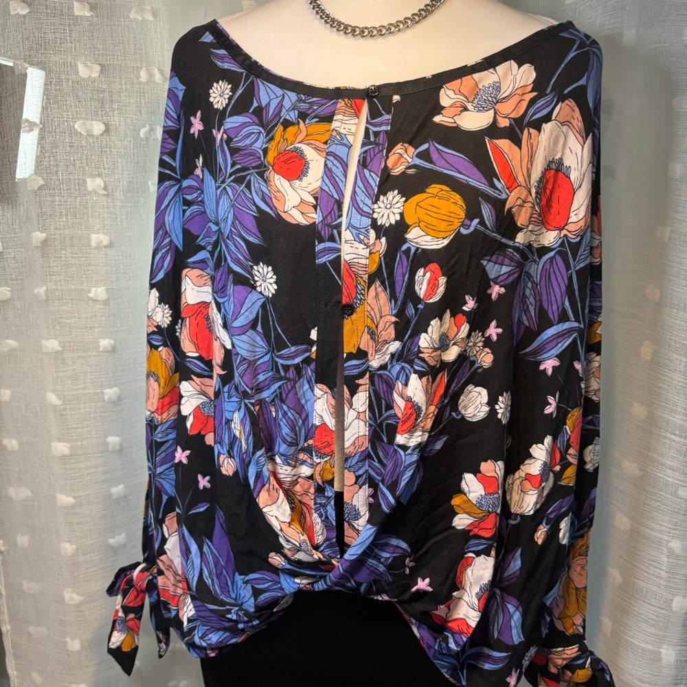 Free People Black Floral Blouse with Purple, Red & Orange Accents - Picture 10 of 13
